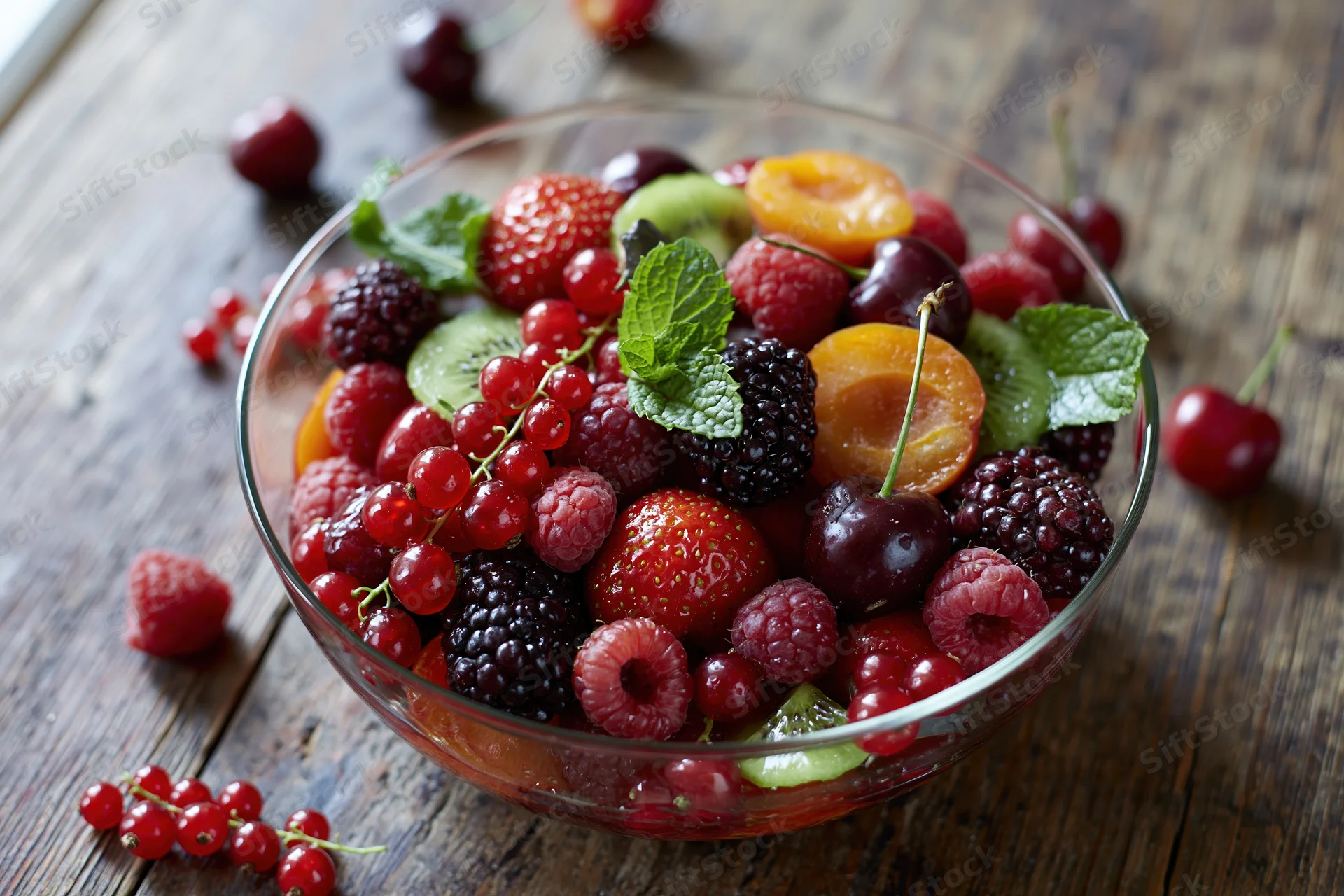 Glass bowl filled with mixed fresh fruit salad on wooden table