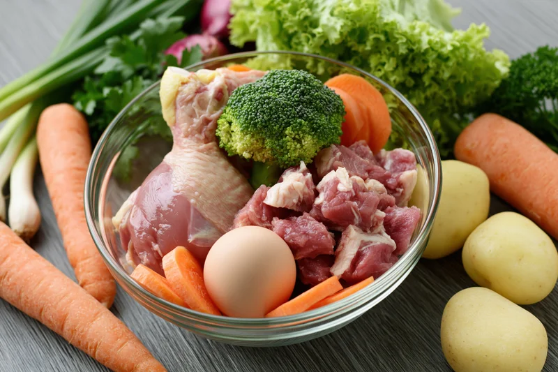 Glass bowl with raw chicken, diced meat, broccoli, carrot, egg and potatoes on wooden surface surrounded by fresh vegetables