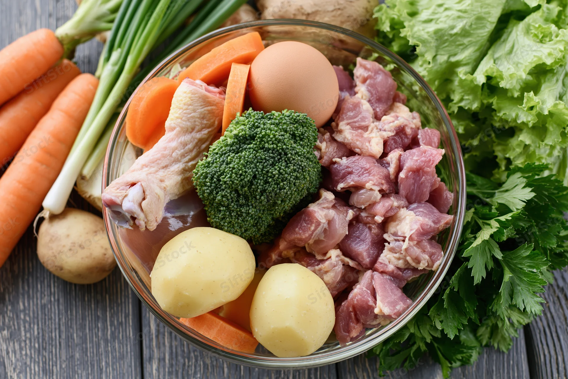 Glass bowl filled with raw chicken leg, diced meat, broccoli, carrots, potatoes, and egg surrounded by fresh vegetables on wooden table