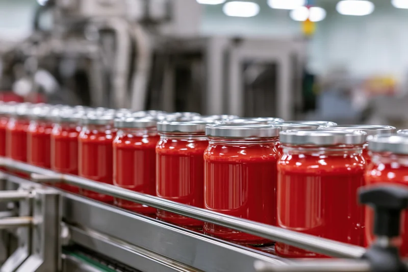 Glass jars filled with red tomato sauce moving along a conveyor belt in a factory