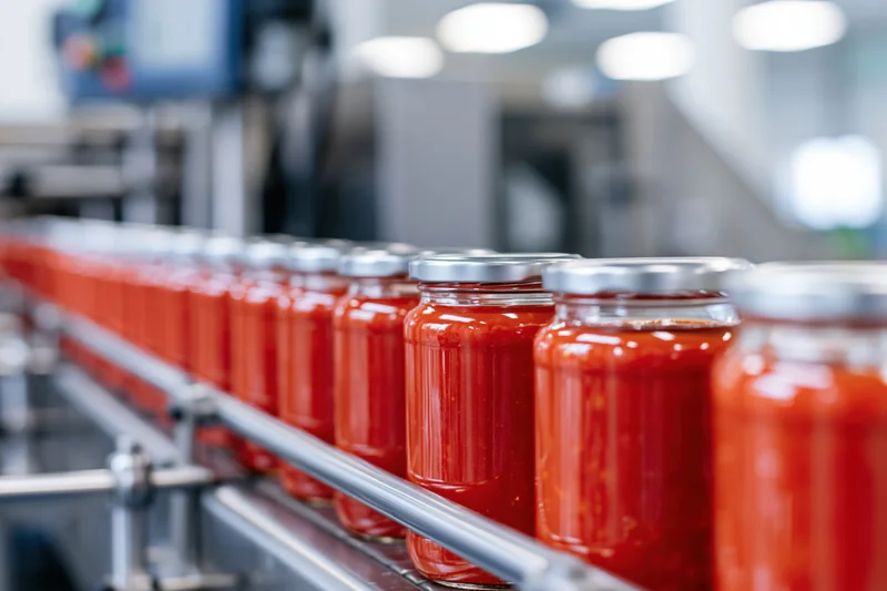 Glass jars filled with red tomato sauce moving along a conveyor line in a food processing factory