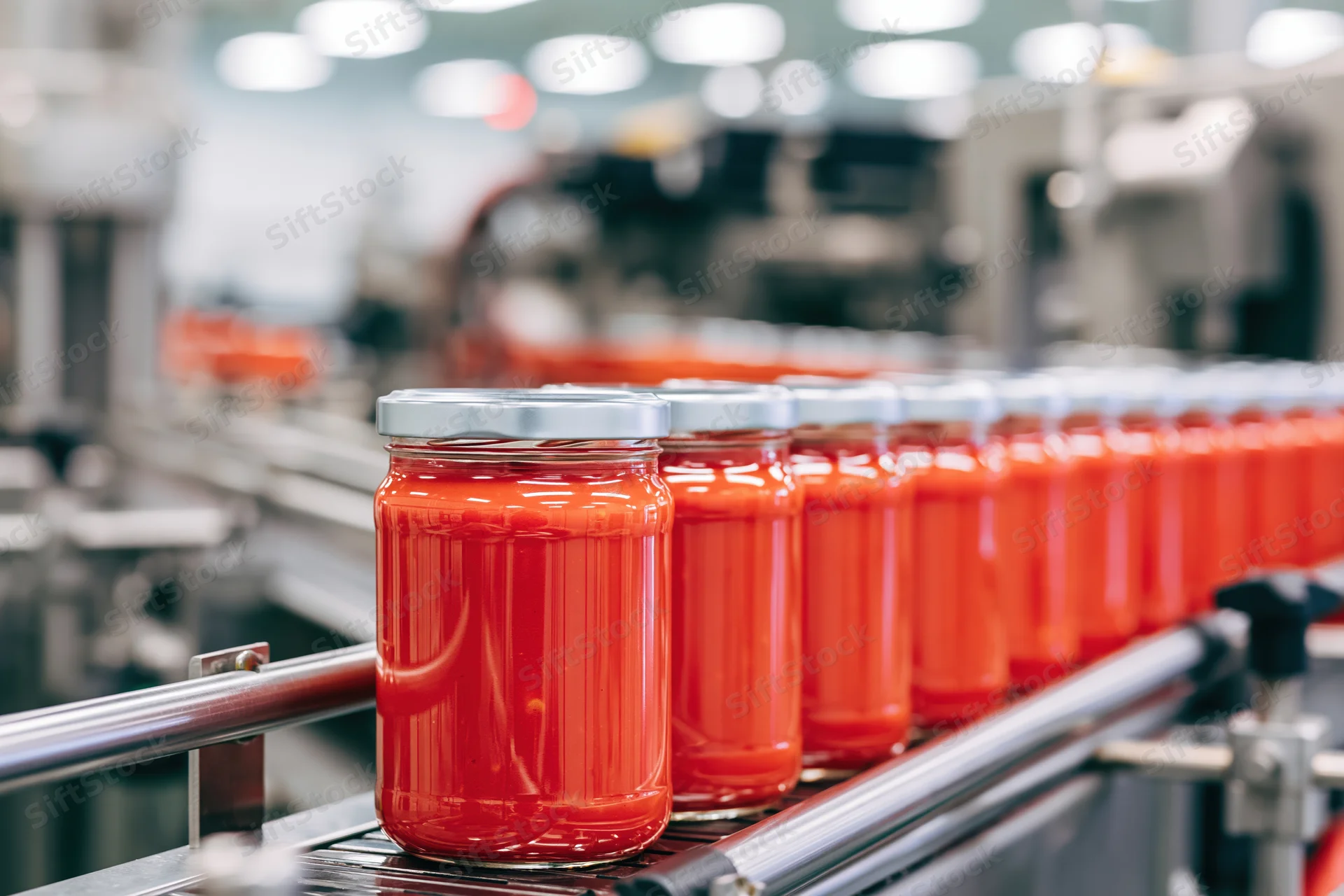 Glass jars filled with red tomato sauce moving along a conveyor belt in a food processing factory