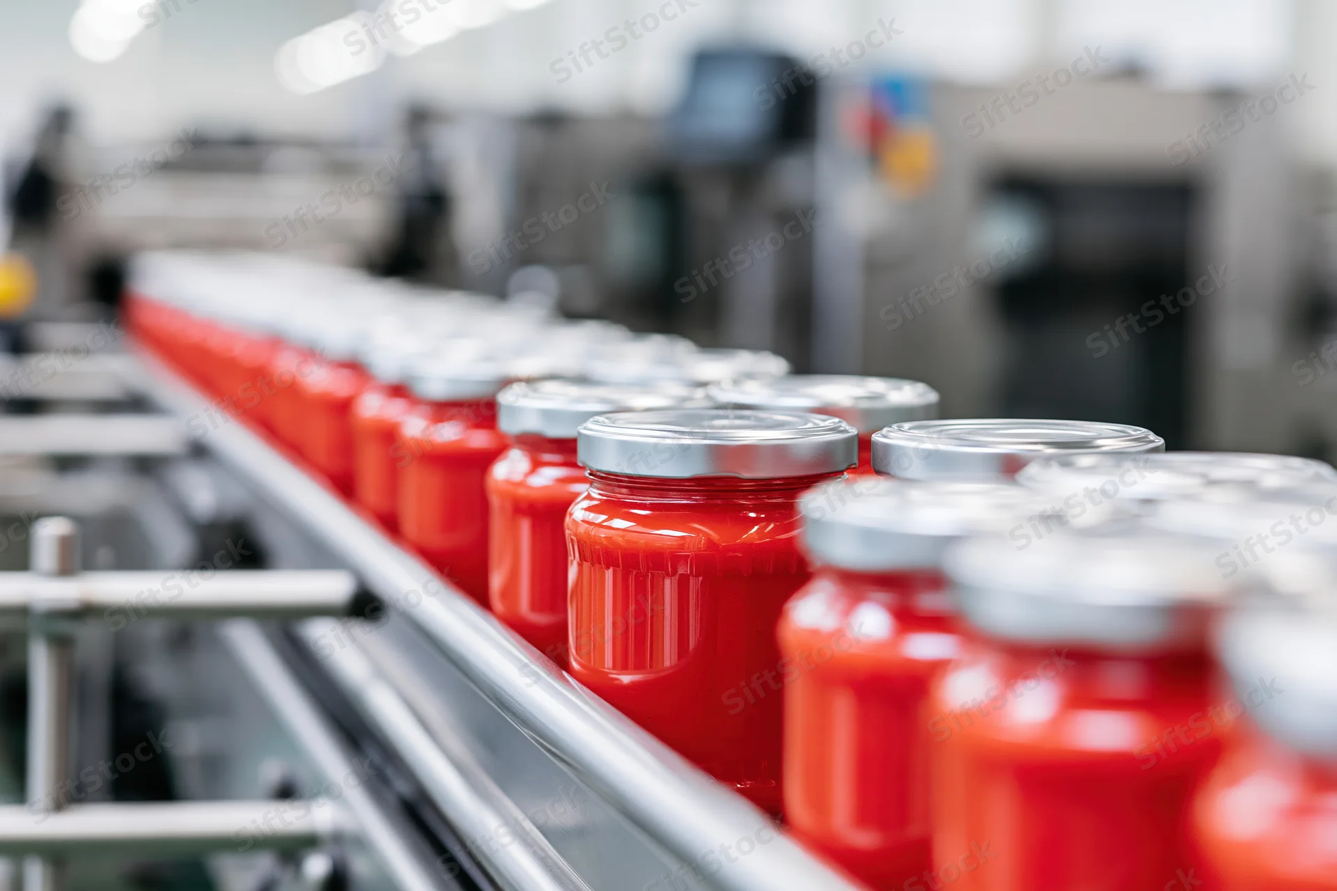 Glass jars filled with red tomato sauce moving along a conveyor belt in a food processing factory