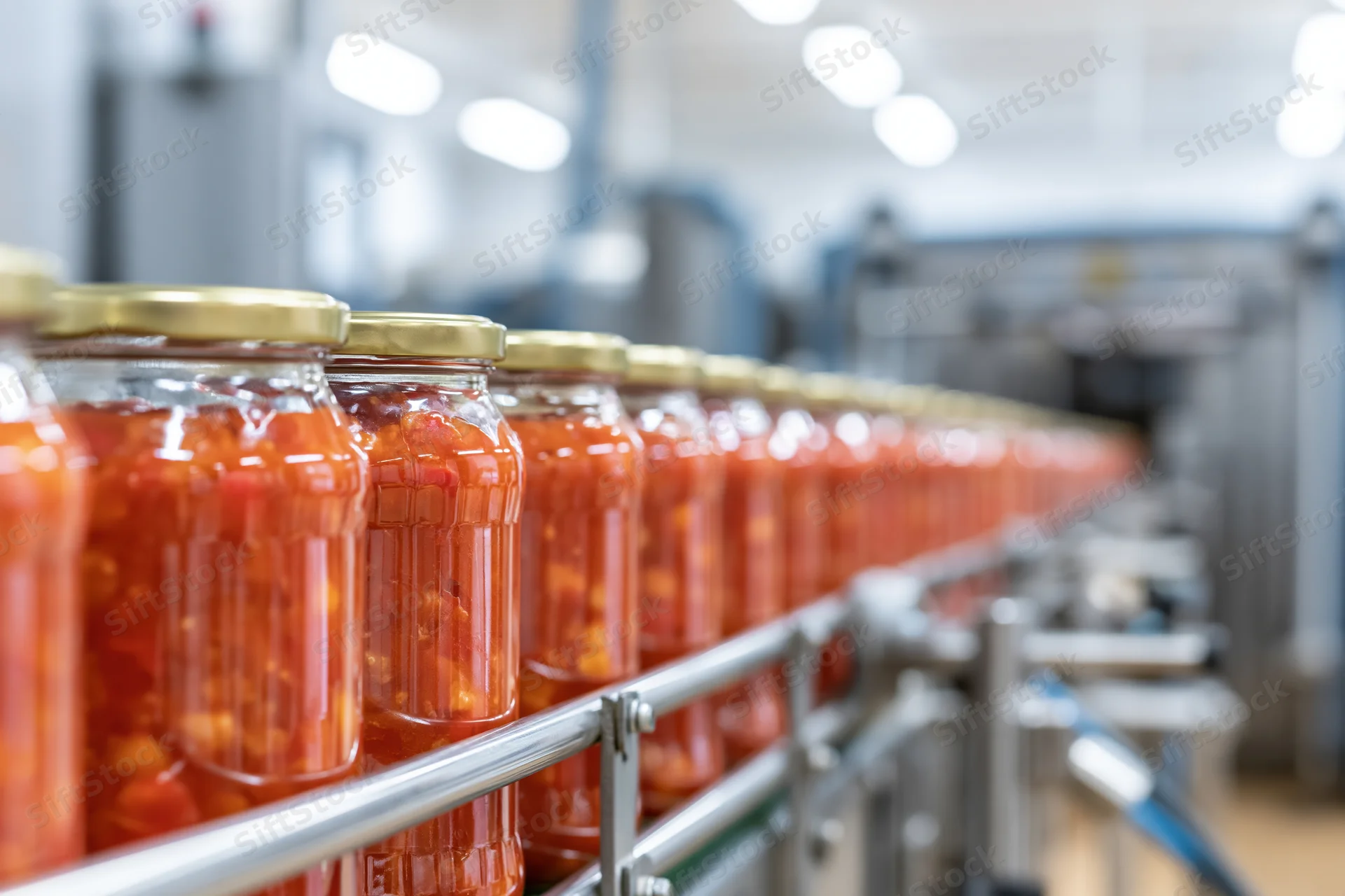 Glass jars filled with red tomato and bean sauce moving along conveyor in factory