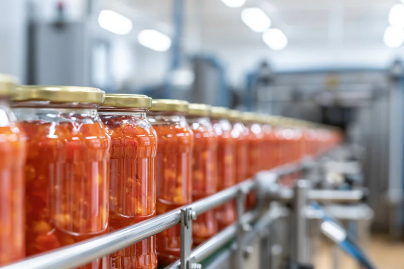 Glass jars filled with red tomato and bean sauce moving along conveyor in factory