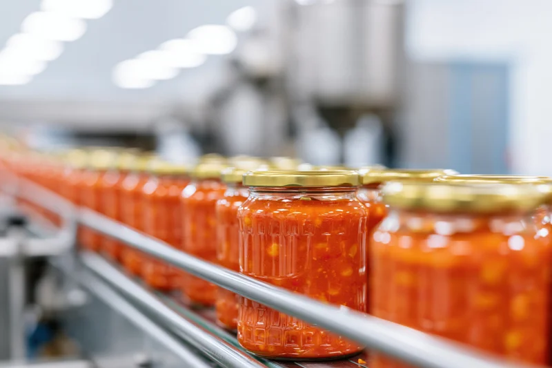 Glass jars filled with red tomato and bean sauce moving along conveyor in factory