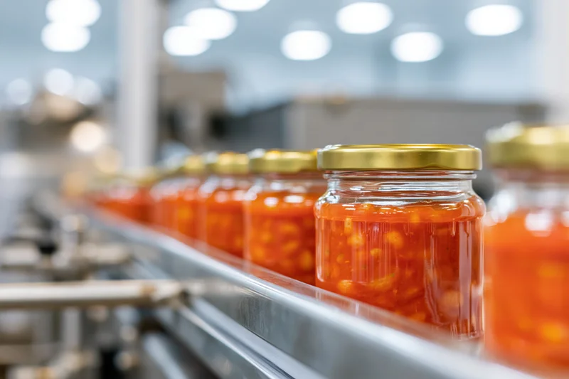 Glass jars filled with red tomato and bean sauce moving along a conveyor line in a food processing factory