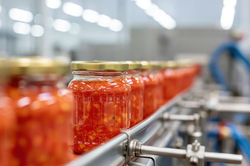 Glass jars filled with red tomato and bean sauce moving along conveyor belt in factory