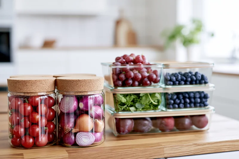 Glass jars with cork lids filled with cherry tomatoes and onions on a wooden kitchen countertop, alongside stacked containers of grapes, blueberries, plums and lettuce