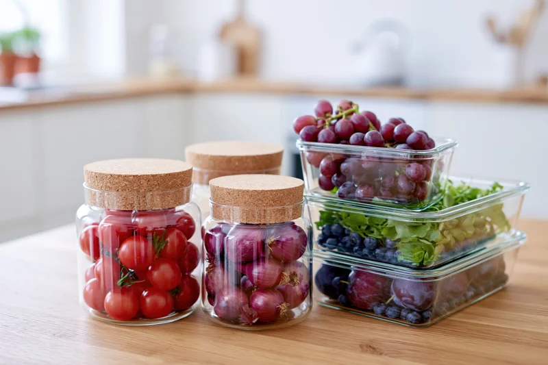 Glass jars with cork lids filled with cherry tomatoes and other produce arranged on a wooden kitchen countertop