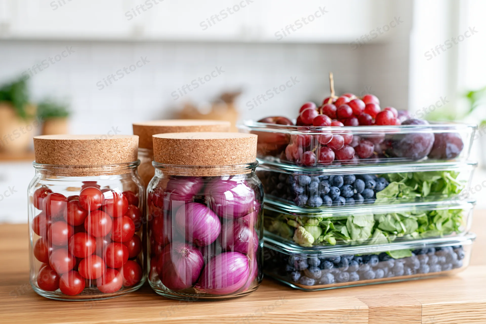 Glass jars with cork lids filled with cherry tomatoes and onions on a wooden kitchen countertop, alongside stacked containers of grapes, blueberries, and lettuce
