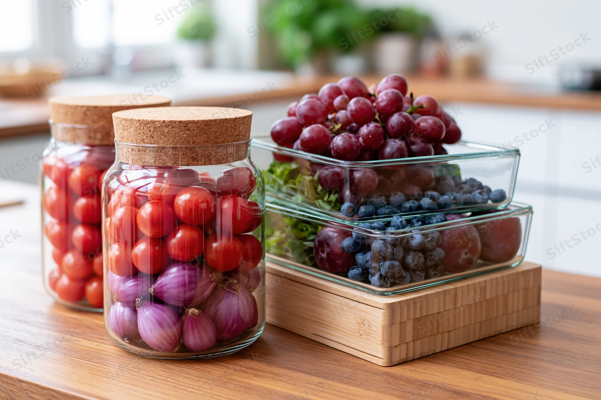 Glass jars with cork lids filled with cherry tomatoes and onions on a wooden countertop beside stacked glass containers holding grapes, blueberries, plums and lettuce