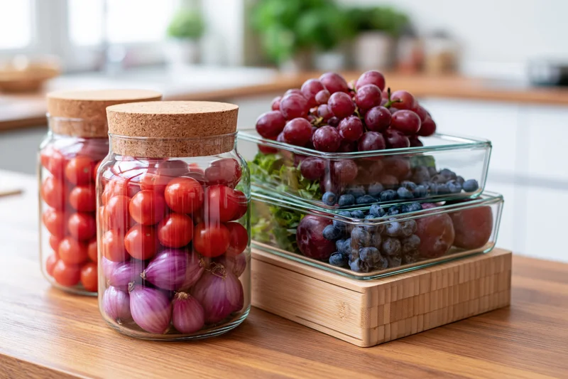 Glass jars with cork lids filled with cherry tomatoes and onions on a wooden countertop beside stacked glass containers holding grapes, blueberries, plums and lettuce
