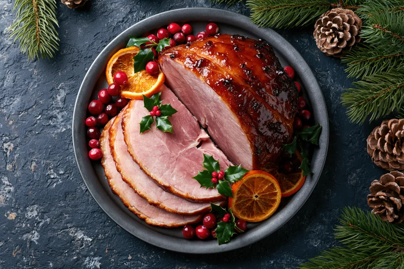 Glazed ham with holly and cranberries on a dark plate surrounded by pinecones and evergreen branches