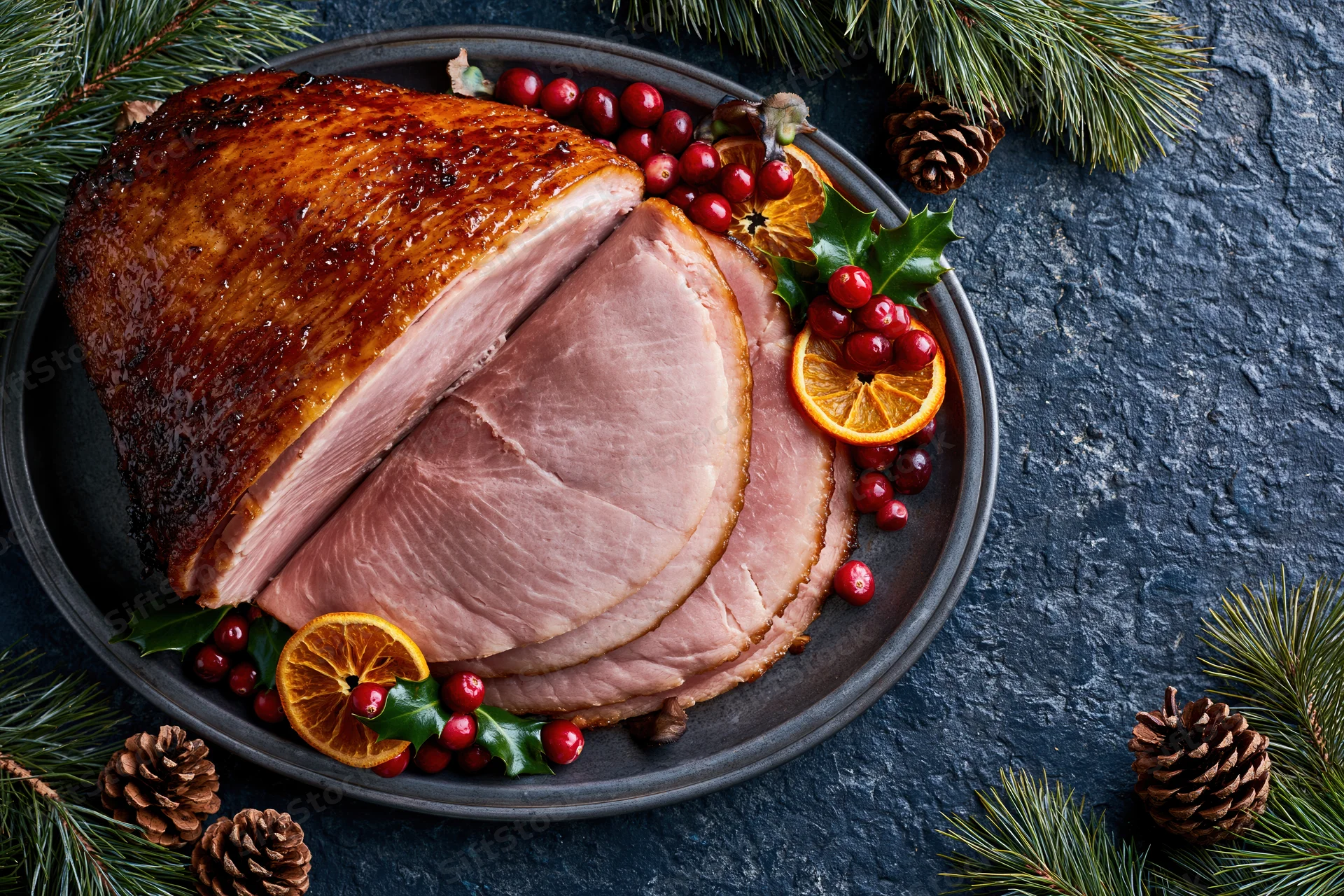 Glazed ham with cranberries and orange slices on a dark stone plate surrounded by pine branches and pinecones