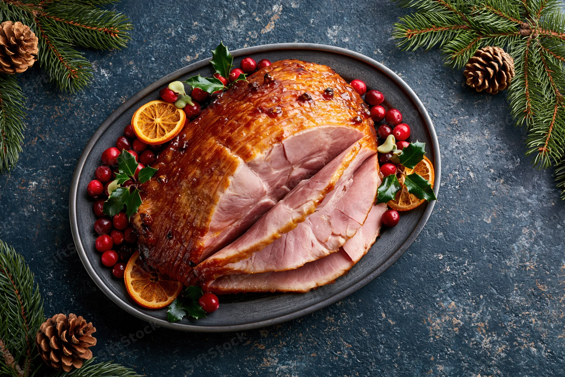 Glazed ham with cranberries and orange slices on a dark plate surrounded by pine branches and pinecones