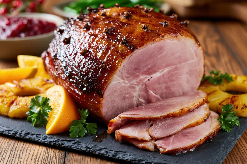 Glazed ham with cloves and fruit garnish on a slate platter