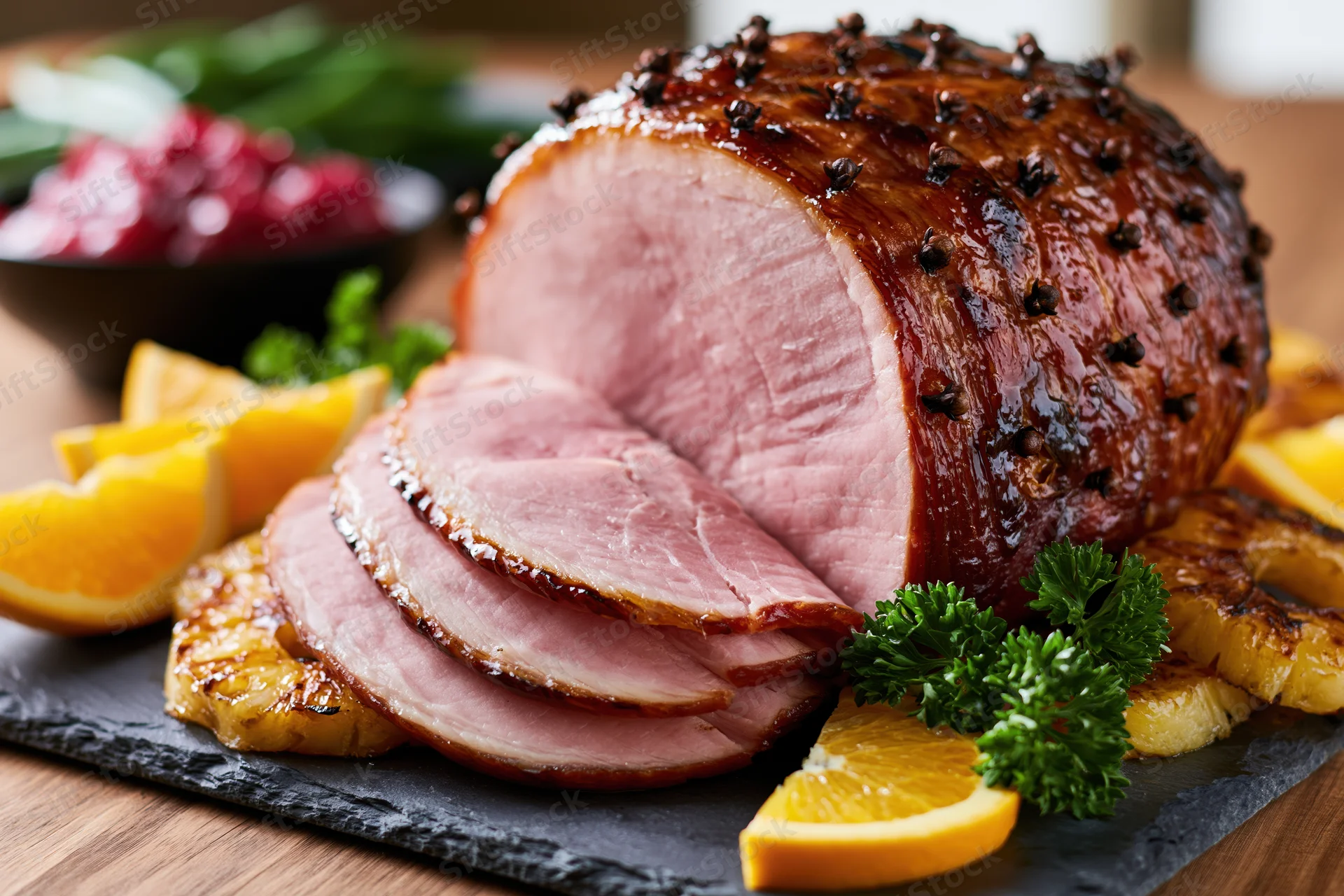 Glazed ham with cloves and fruit garnish on a slate platter