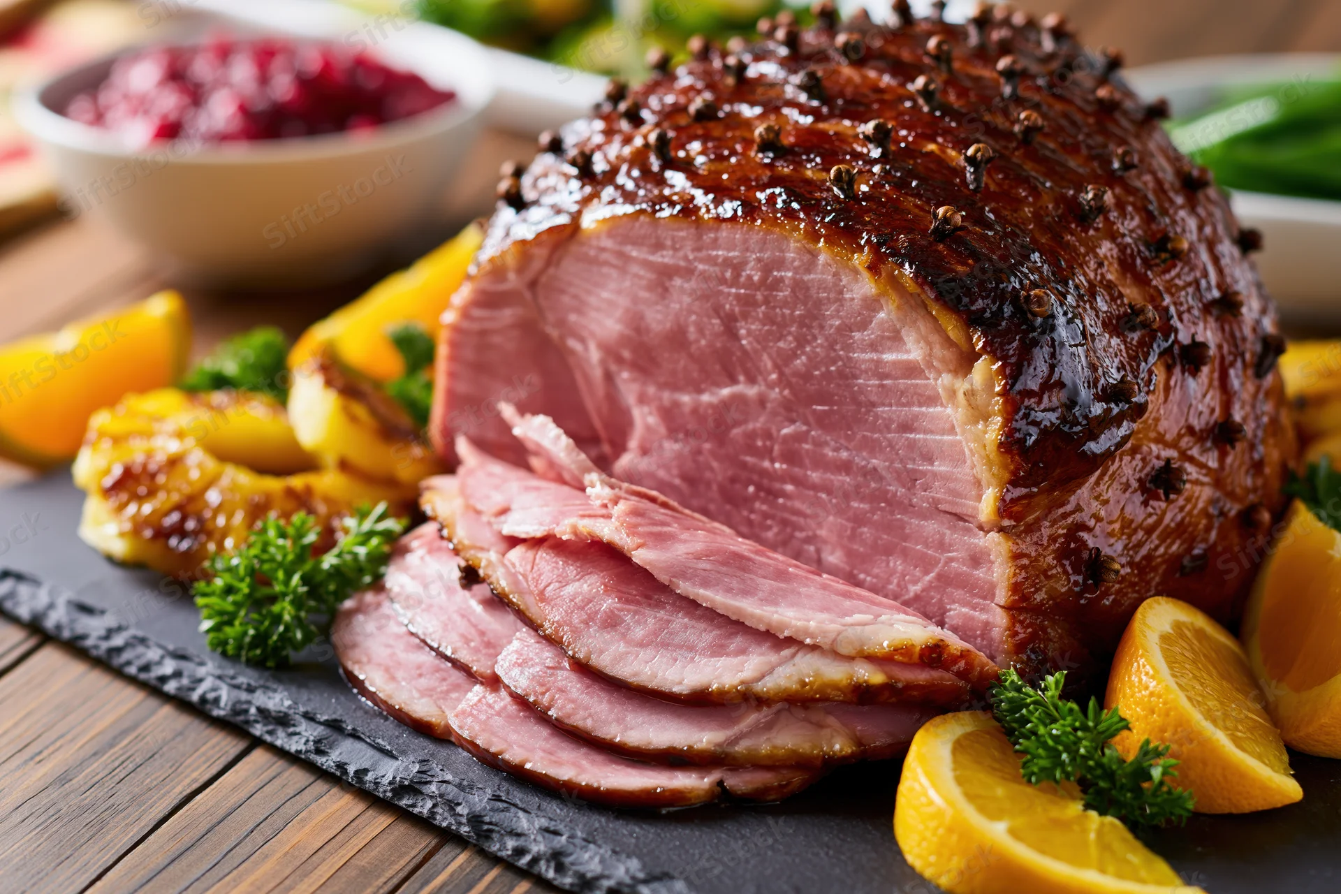 Glazed ham with cloves and orange slices served on a slate platter with cranberry sauce and garnishes