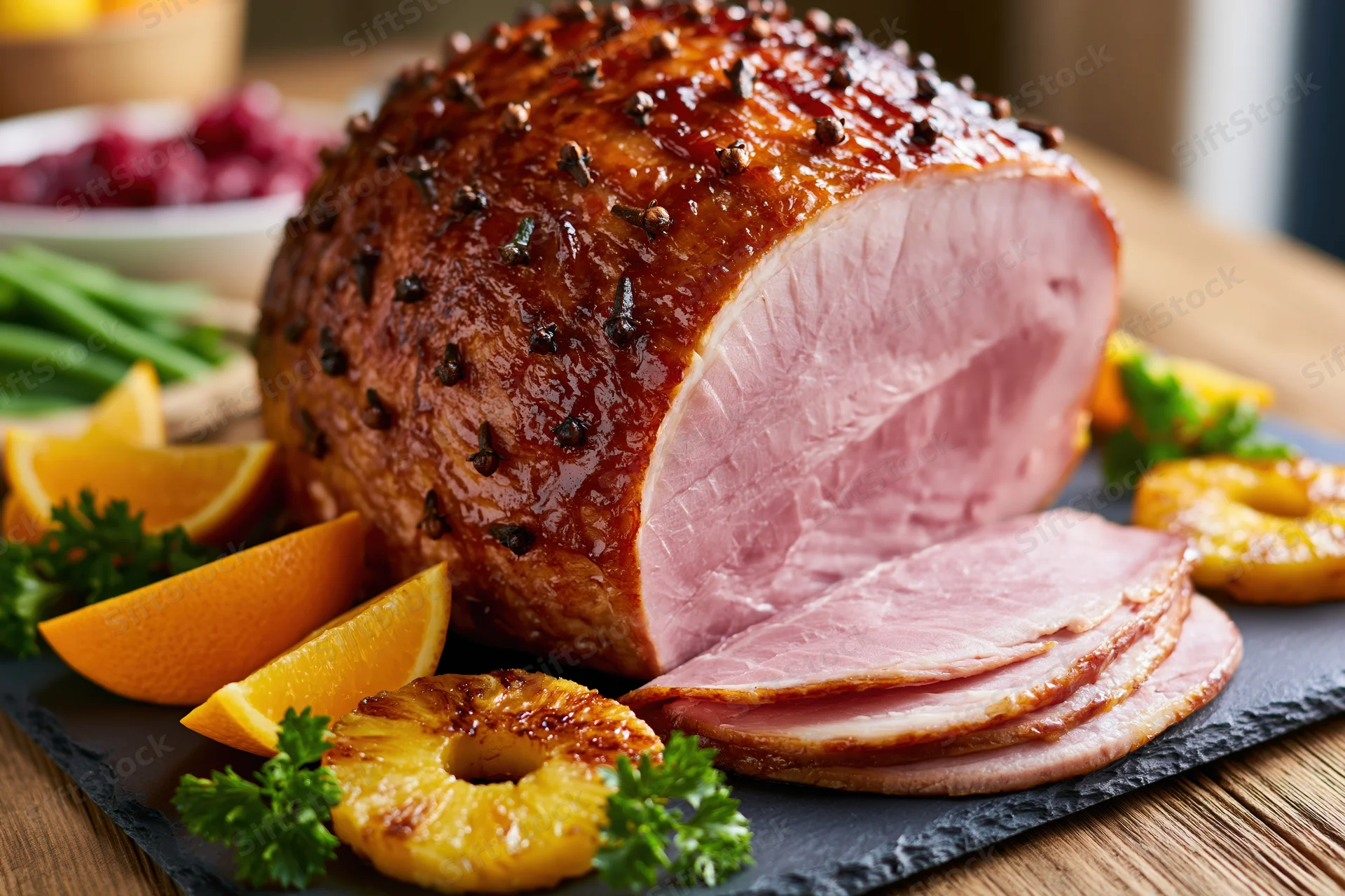 Glazed ham with cloves and fruit garnish on a slate platter
