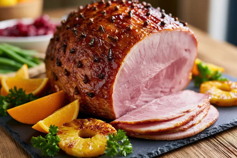 Glazed ham with cloves and fruit garnish on a slate platter