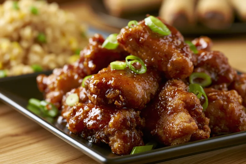 Glazed orange chicken pieces piled on a dark square plate with green onions on a wooden table