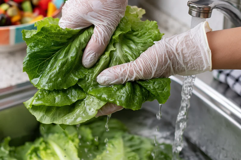 Gloved hands washing fresh romaine lettuce under running water in a kitchen sink