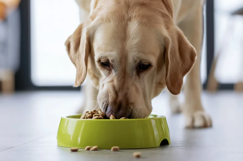 Golden labrador eating dry kibble from a lime-green bowl on tiled floor indoors