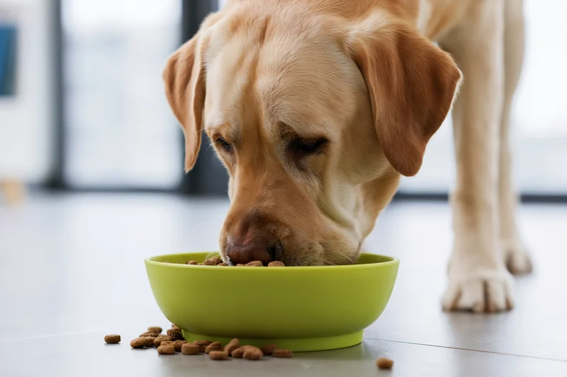 Golden labrador eating dry kibble from a green bowl on tiled floor indoors