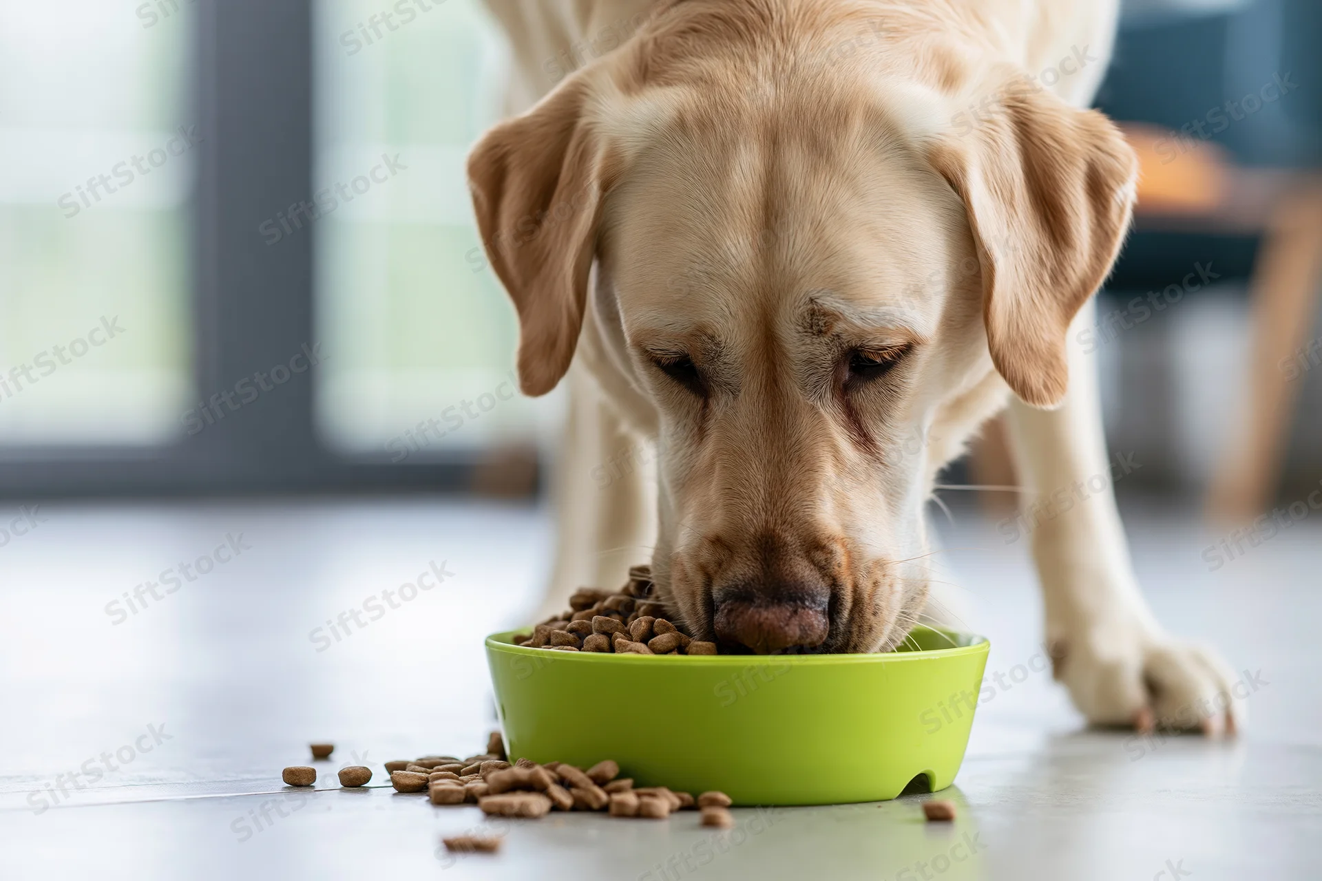 Golden labrador eating dry kibble from a green bowl on a tiled floor indoors