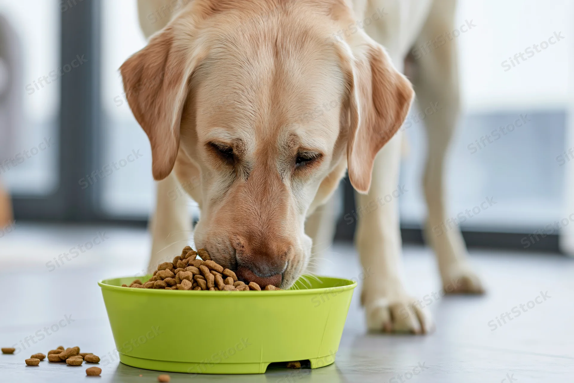 Golden labrador eating dry kibble from a lime-green bowl on a tiled floor indoors