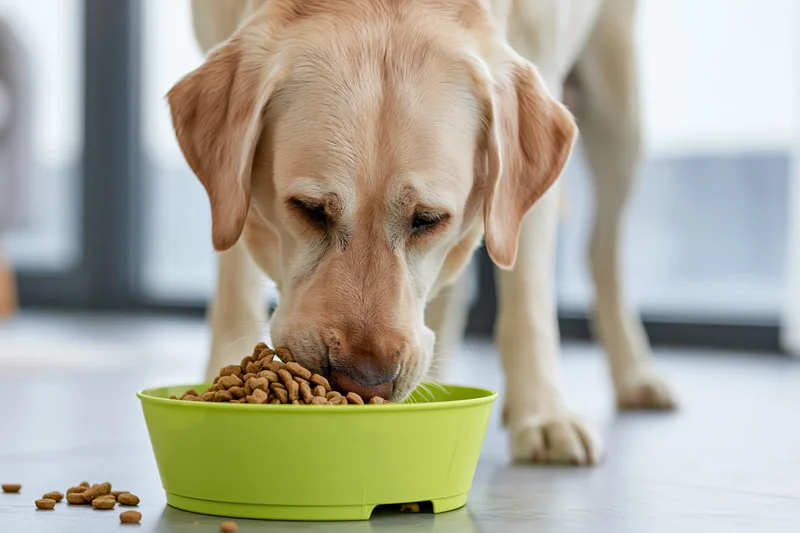Golden labrador eating dry kibble from a lime-green bowl on a tiled floor indoors