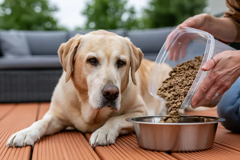Golden labrador lying on wooden deck watching hands pour kibble into metal bowl