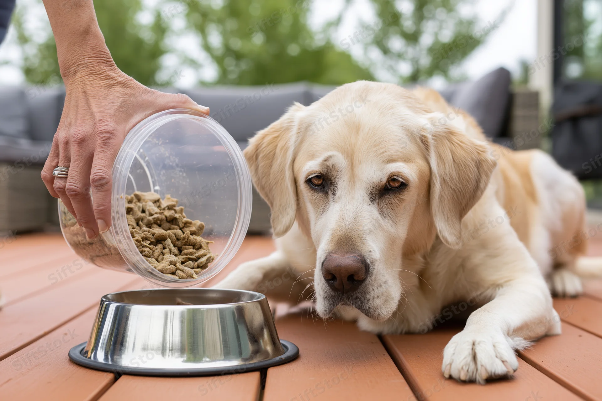 Golden labrador lying on wooden deck watching hand pour kibble into metal bowl