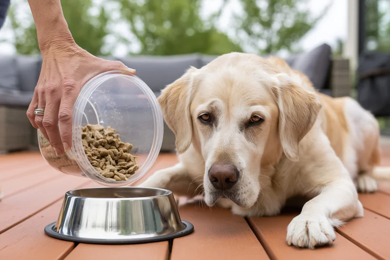 Golden labrador lying on wooden deck watching hand pour kibble into metal bowl