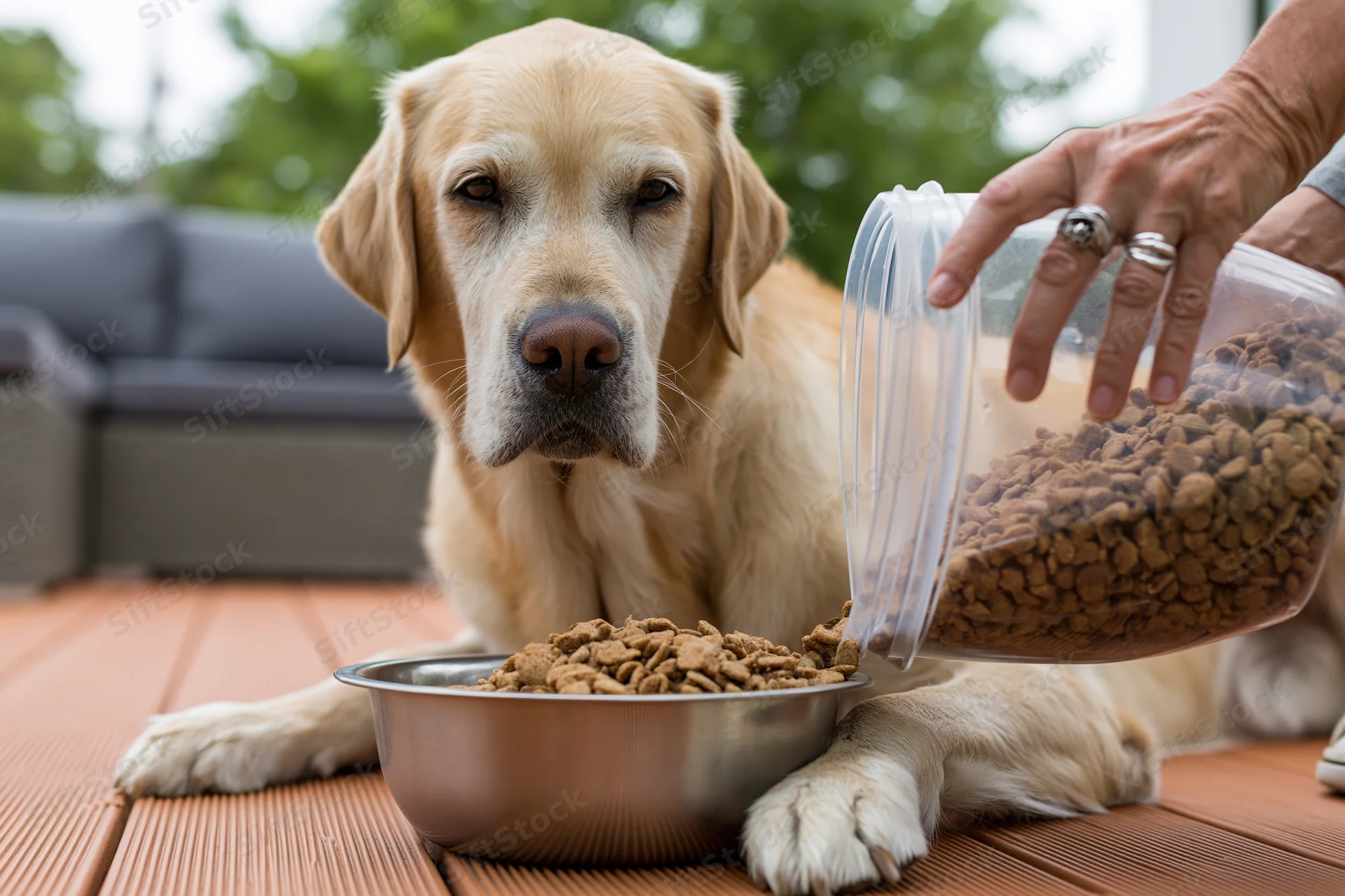Golden labrador lying on wooden deck watching hand pour kibble into metal bowl