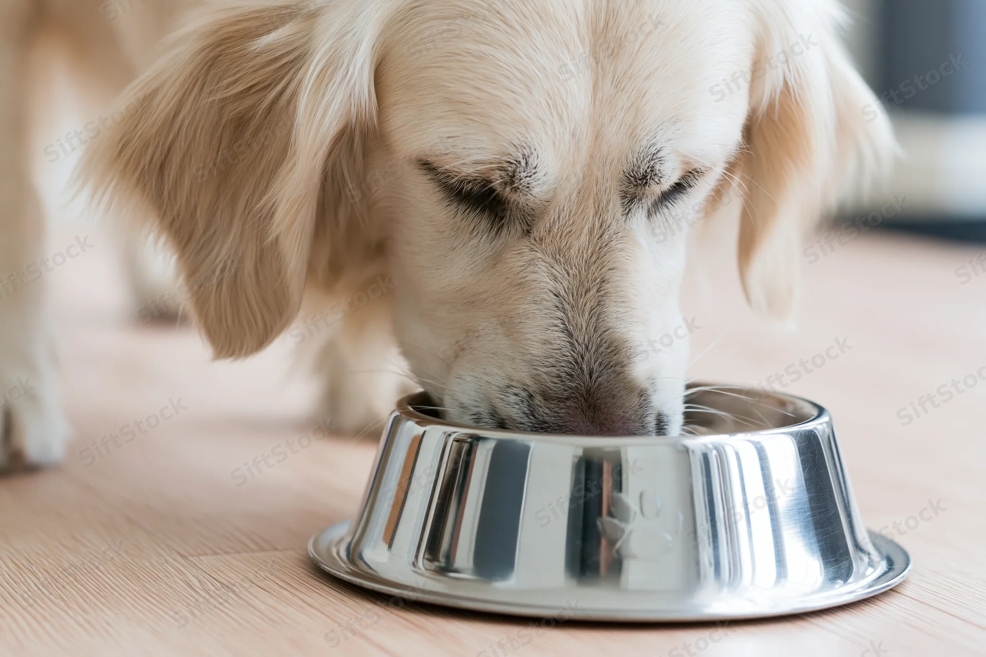 Golden retriever puppy eating from a stainless steel bowl on wooden floor