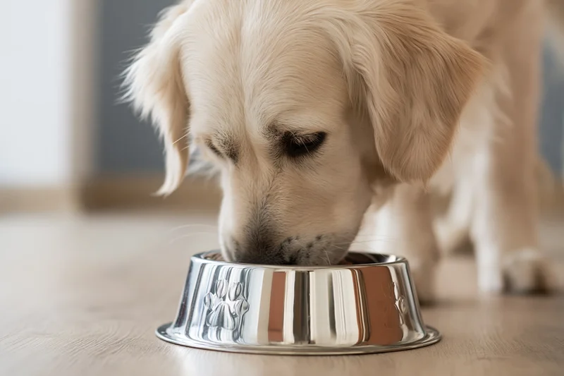 Golden retriever puppy eating from a stainless steel bowl on a wooden floor indoors