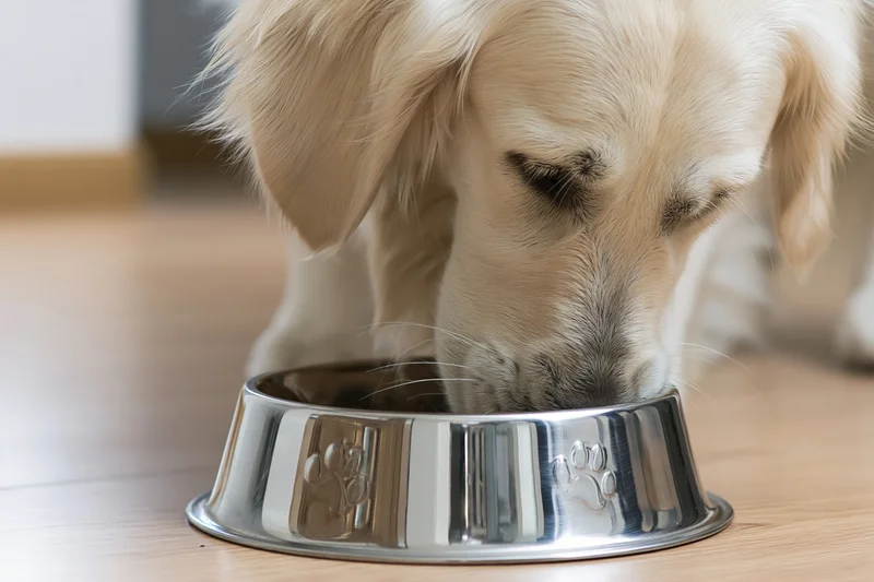 Golden retriever puppy eating from a stainless steel pet bowl on wooden floor