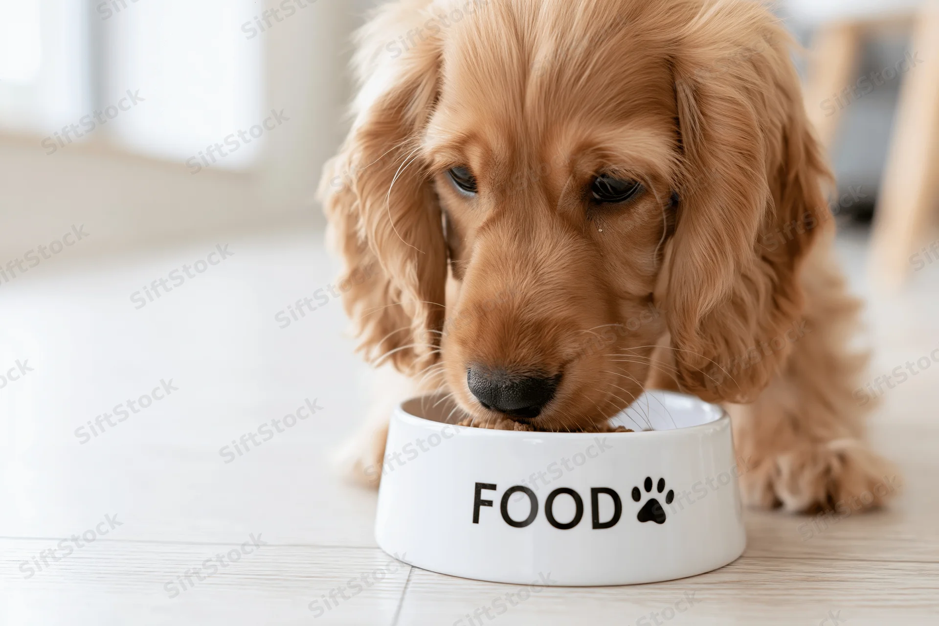 Golden cocker spaniel puppy eating from a white ceramic bowl on a wooden floor indoors