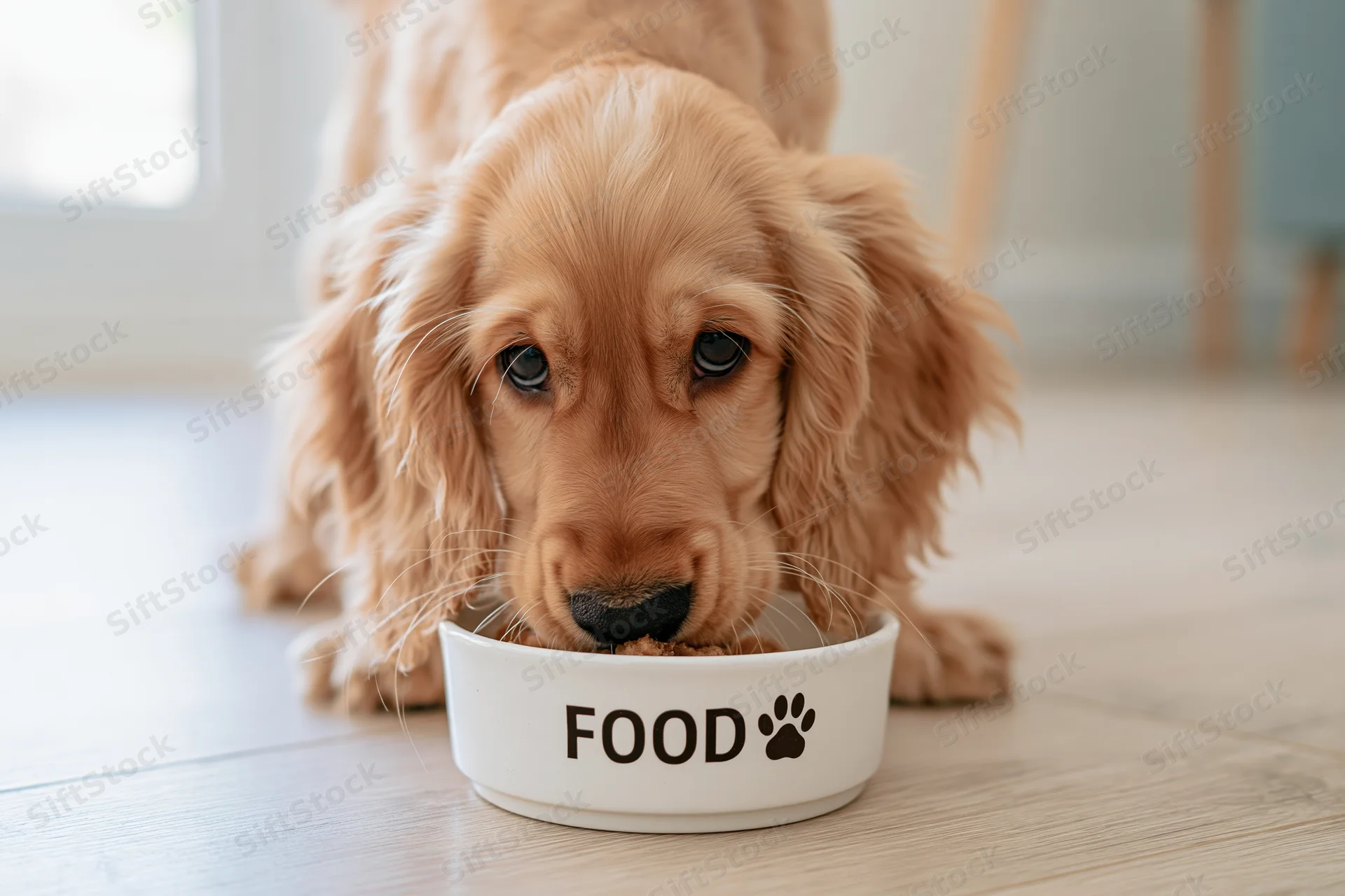 Golden cocker spaniel puppy eating from a white ceramic bowl on wooden floor