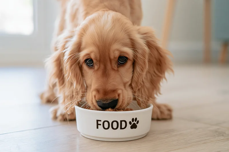Golden cocker spaniel puppy eating from a white ceramic bowl on wooden floor