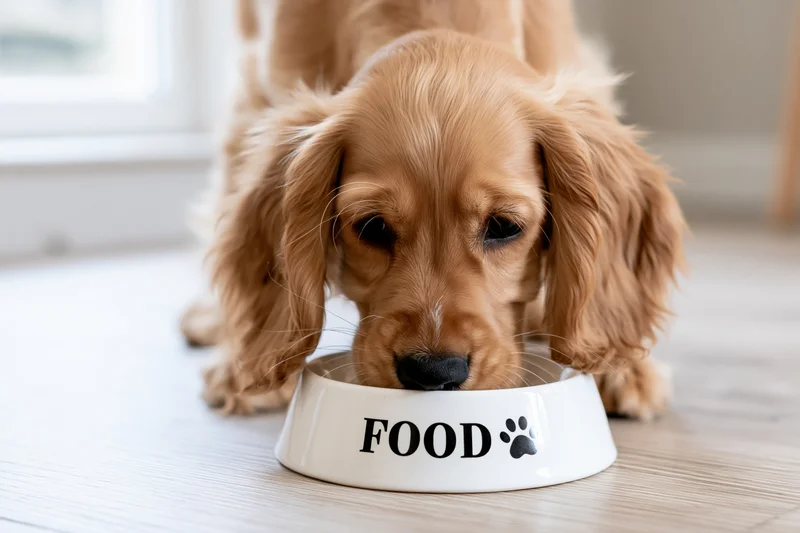 Golden cocker spaniel puppy eating from a white ceramic bowl on a wooden floor indoors