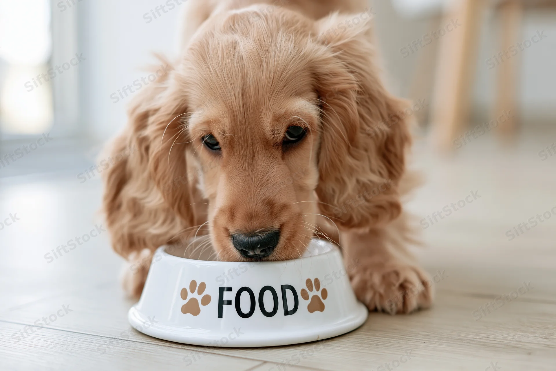 Golden cocker spaniel puppy eating from a white ceramic bowl on a wooden floor