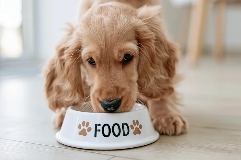 Golden cocker spaniel puppy eating from a white ceramic bowl on a wooden floor
