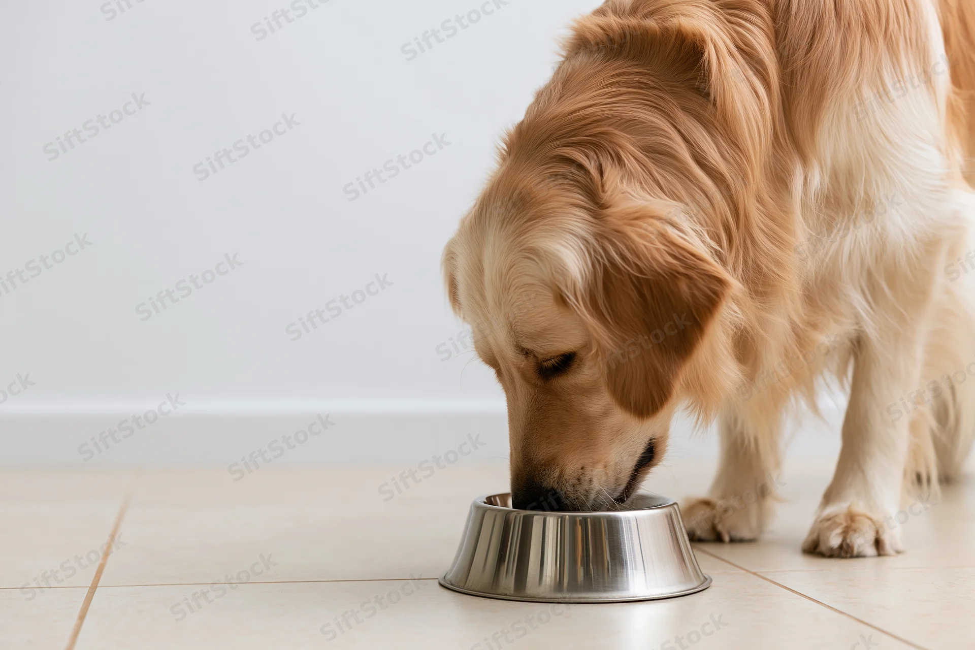 Golden retriever eating from a stainless steel bowl on a tiled floor indoors