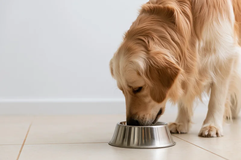 Golden retriever eating from a stainless steel bowl on a tiled floor indoors