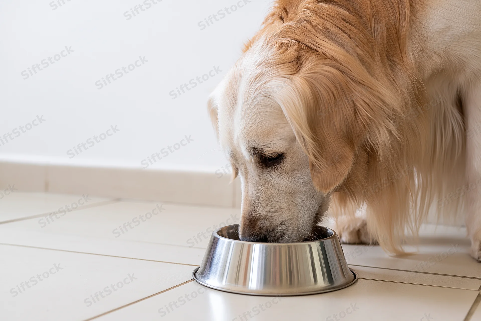 Golden retriever eating from a stainless steel bowl on a tiled floor indoors