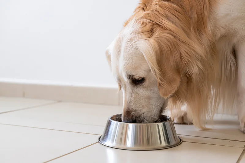 Golden retriever eating from a stainless steel bowl on a tiled floor indoors
