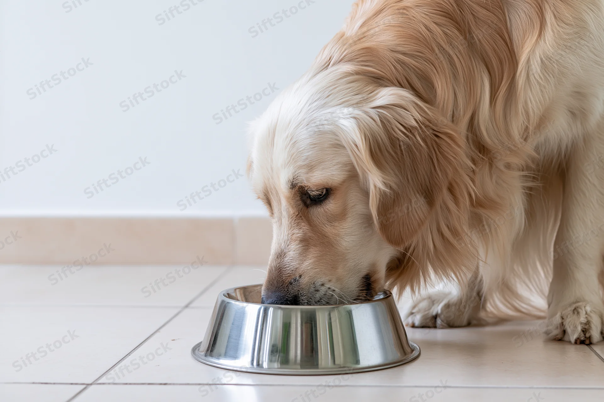 Golden retriever eating from a stainless steel bowl on a tiled floor indoors